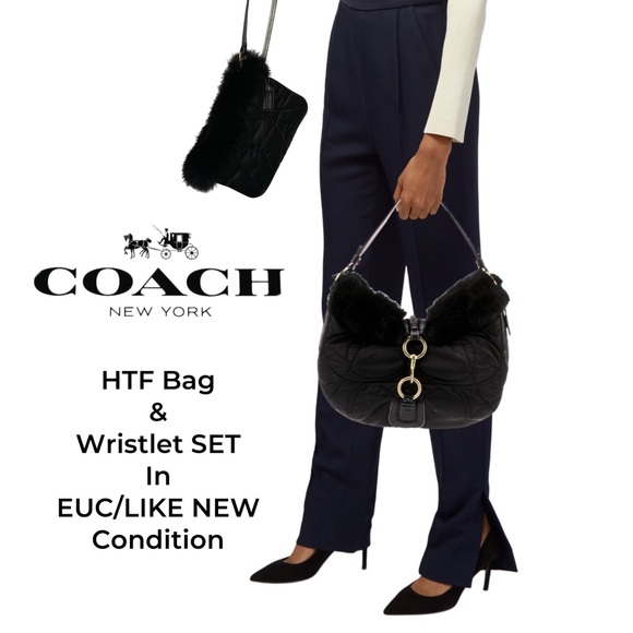 Coach Handbags - COACH Fur-Trimmed, Quilted NYLON, Leather trimmed Black Women's Bag and Wristlet